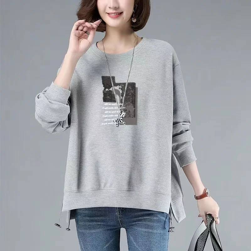 

Свободный женский свитшот с длинными рукавами, осенне-зимняя футболка с принтом, удобная хлопковая внутренняя подкладка, корейский стиль, круглый вырез