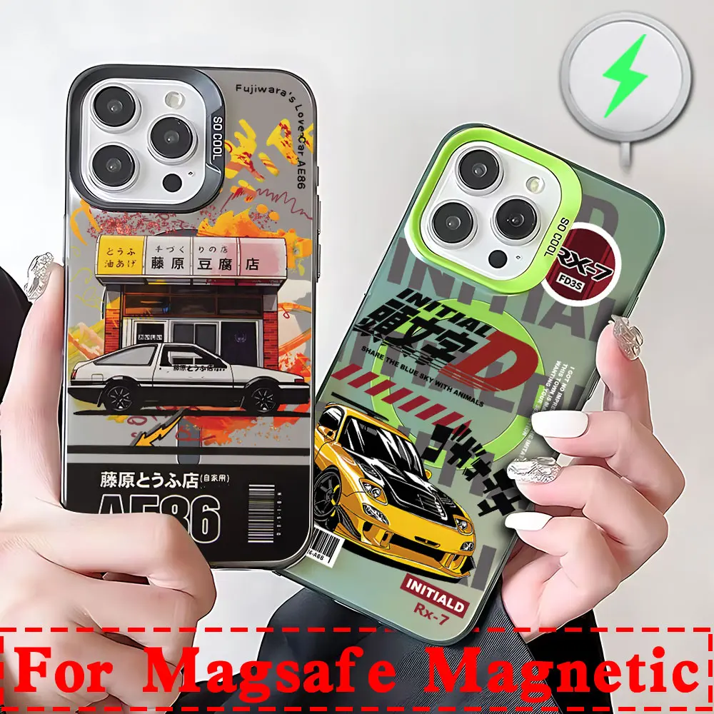 Hot Anime Initial D AE86 Magsafe Magnetic Case for iPhone 11 12 13 14 15 16 Pro Max Plus Soft Silver Plated Anti Fall Cover