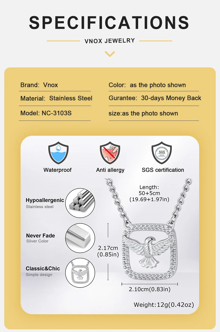 Vnox Herren Edelstahl Heiliger Geist Taube Anhänger Halskette Quadratischer Rahmen Christlich Religiöser Verstellbarer Panzerketten-Schmuck Geschenk – Detail 4