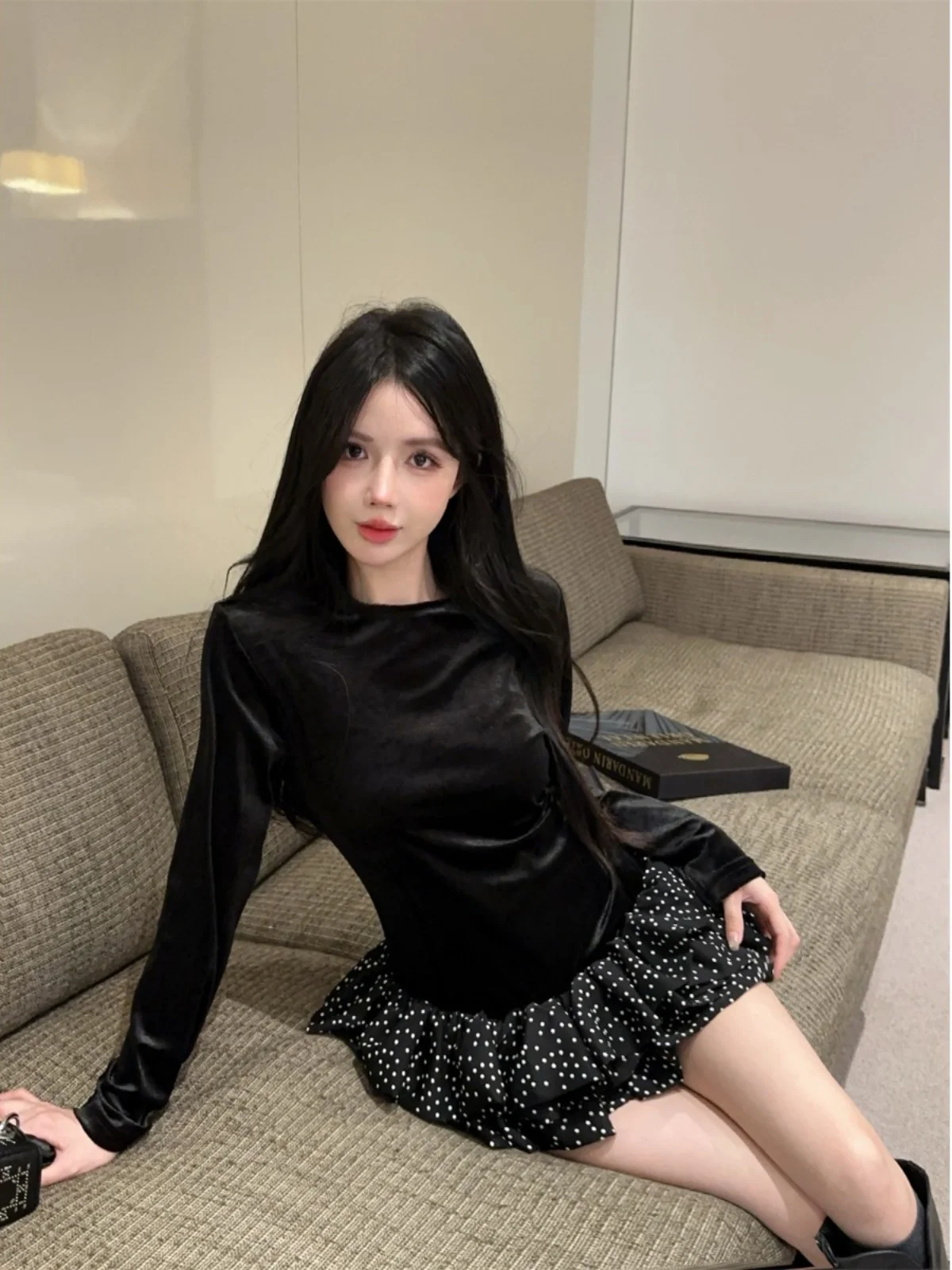New Splicing Design Velvet Long Sleeve Cake Dress Spring Autumn O-neck Slimming Fit Wave Point Lotus Leaf Edge Short Dresses