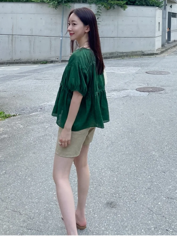 

Loose ort Sve Women's irt Pleated k een Simple Harajuku Sle Sweet ort Sve Blouse Top for Summer 2025