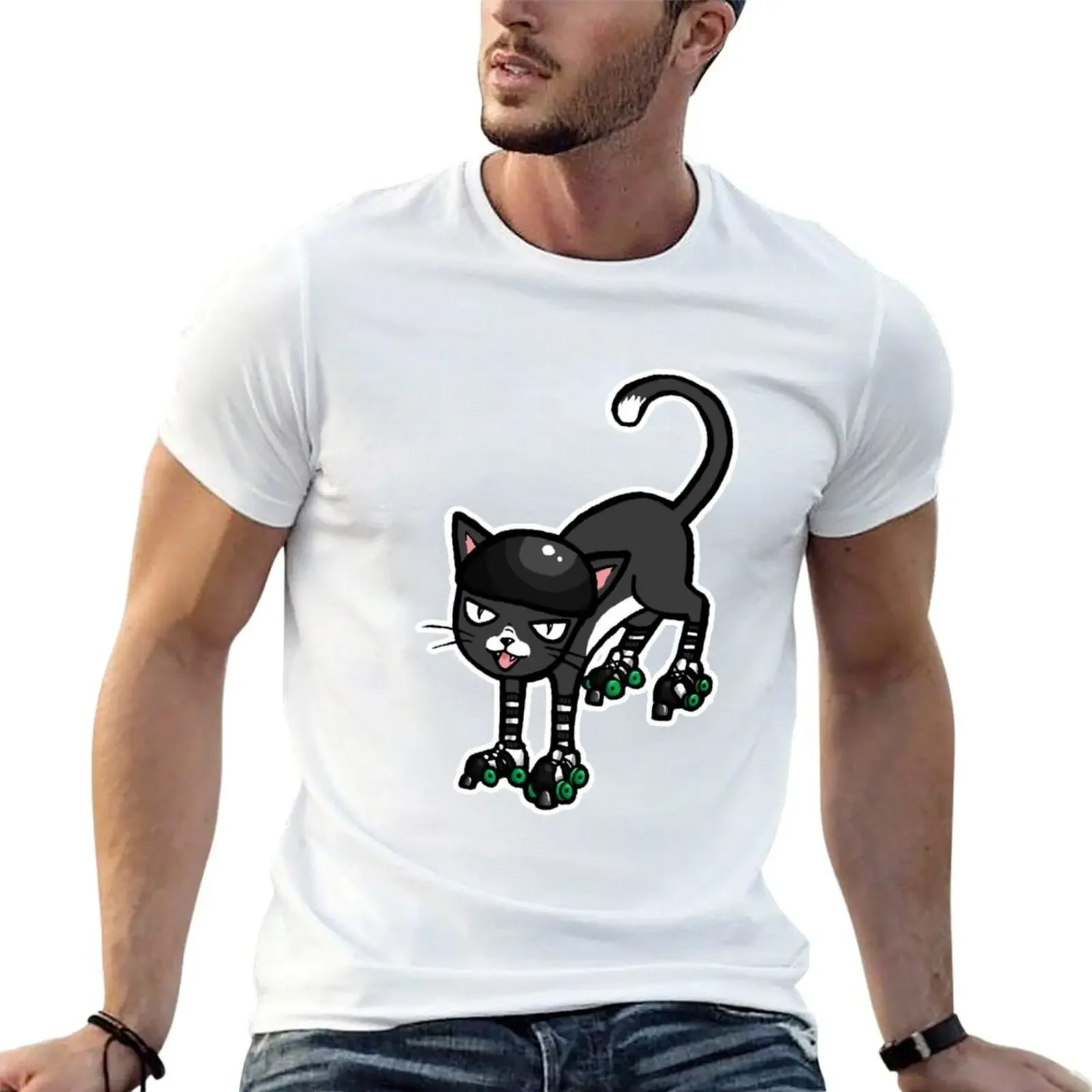 Black cat on Quad Skates T-Shirt oversizeds boys animal print oversized t shirt shirts men graphic