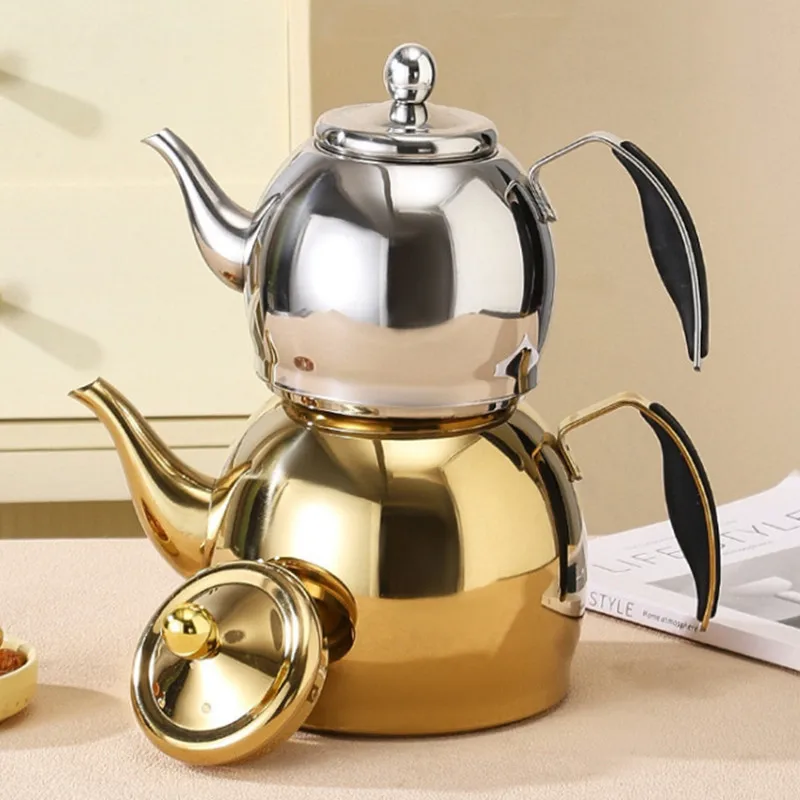 Turkish Double Teapot Caydanlık Stainless Steel Mother and Child Teapot Set with Filter For Gas Stove & Electric Ceramic Stove