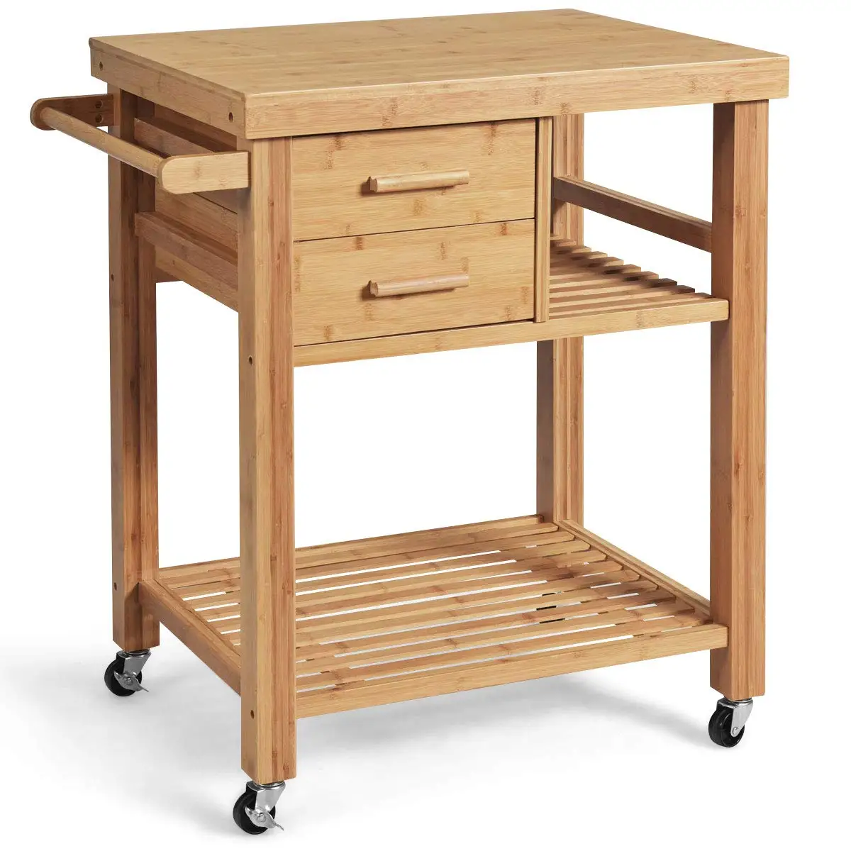 Kitchen Island, Bamboo Island Cart, Kitchen Trolley Cart on Wheels, Rolling Kitchen Cart, 2 Drawers, Towel Rack