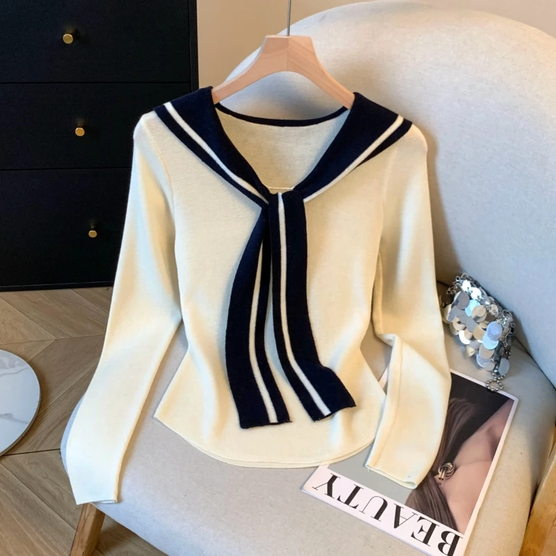 

New 2025 Preppy Women's Knitted Tops Loose Sailor Collar Long Sleeve Lady Sweaters Causal Female Jumpers Clothes KE9038