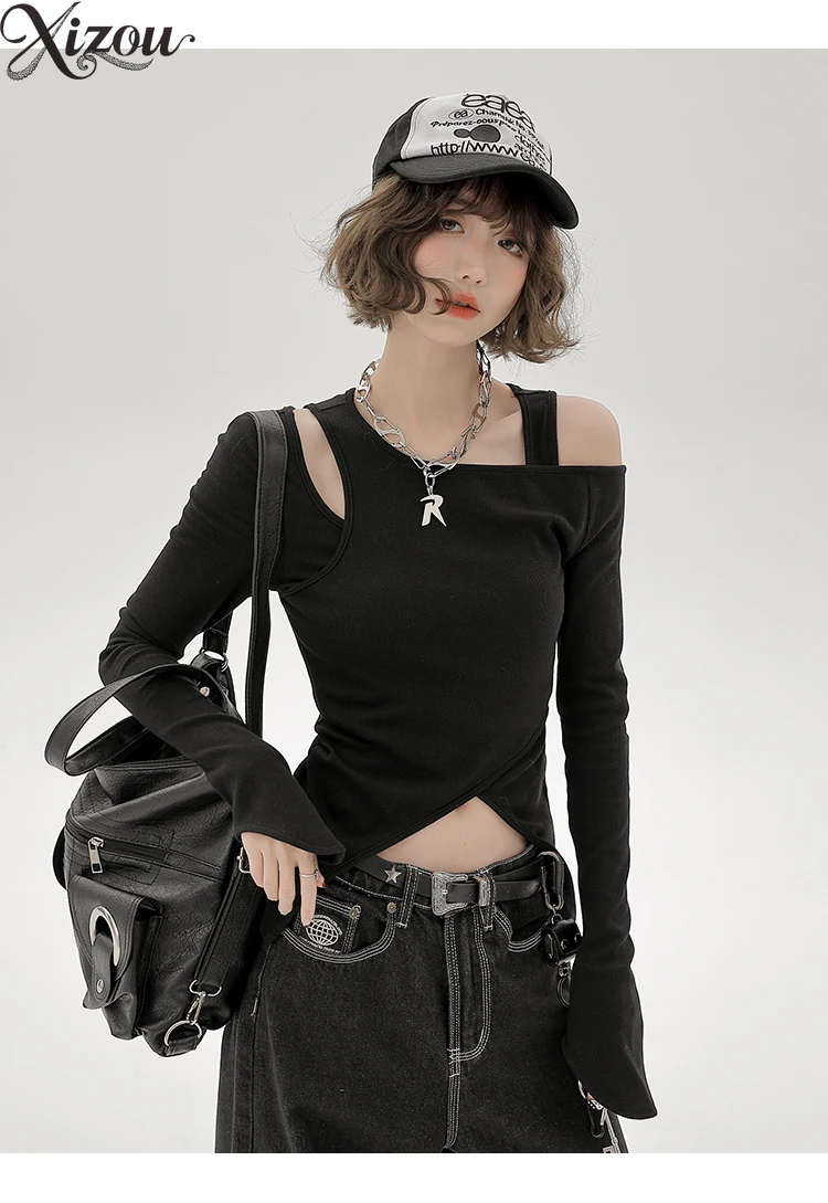 

Y2K T-Shirts Women American Spicy Girl Korean Off-Shoulder Skew Collar Exposed Slim Fit Crop Top Long Sleeve Streetwear Tees