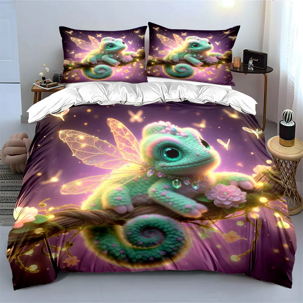 Dreamy Fairy Lizard on the Branch Duvet Cover Set with 3D Printing Design Soft Polyester Bedding Set All-Season Comfort for gift
