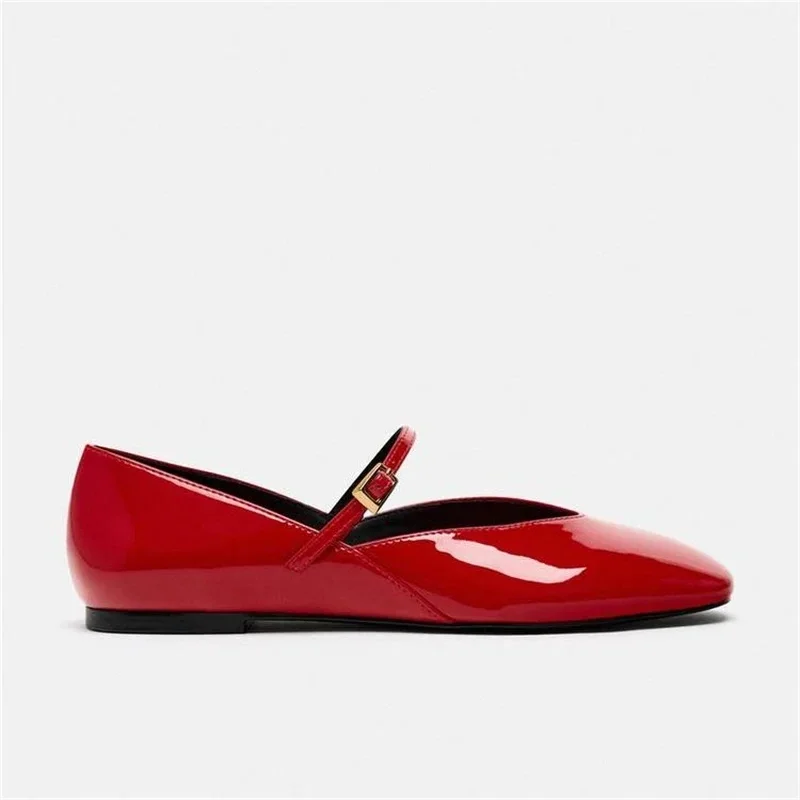 Woman Red Mary Jane Shoes 2024 Summer Chic Faux Patent Leather Flats Womens Fashion Round Toe Buckle Strap Single Shoes