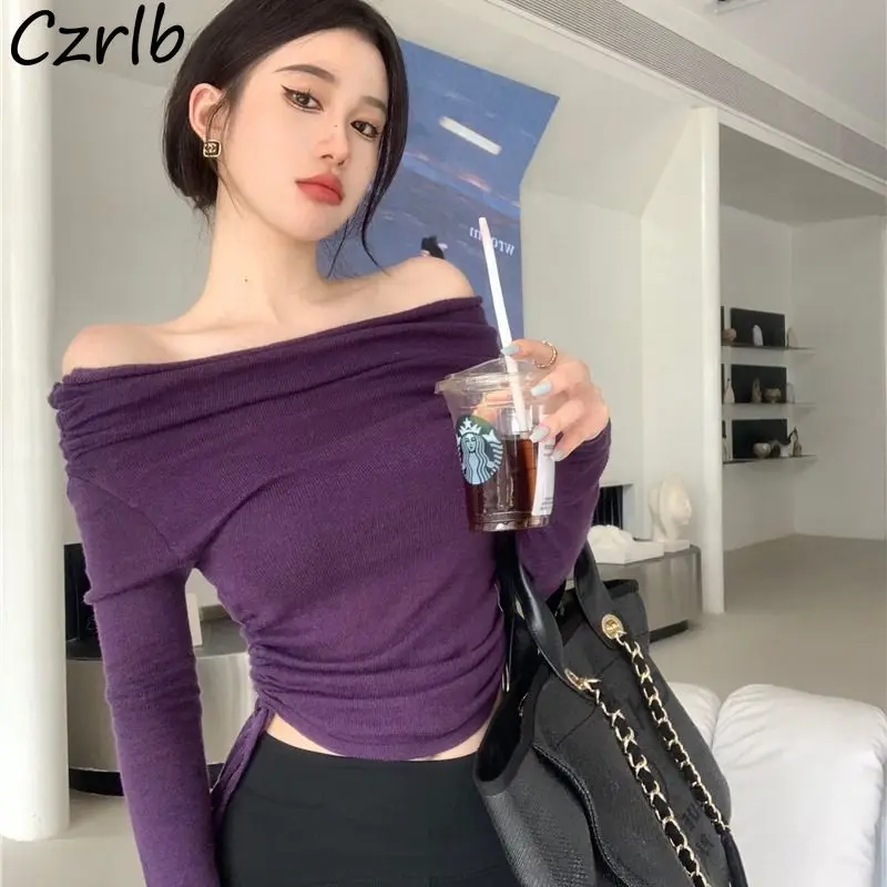 Purple Slash Neck T-shirts Women Solid Off Skinny Designed Korean Fashion All-match Y2k Tops High Street High Street Aesthetic