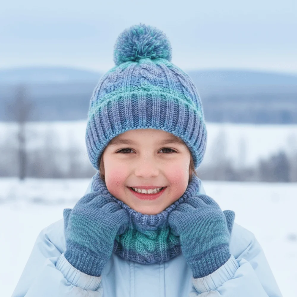 快適なグラデーションカラーのベビー帽子スカーフ手袋セットかわいいポンポン暖かい耳幼児ニット帽子保温厚手の帽子セット