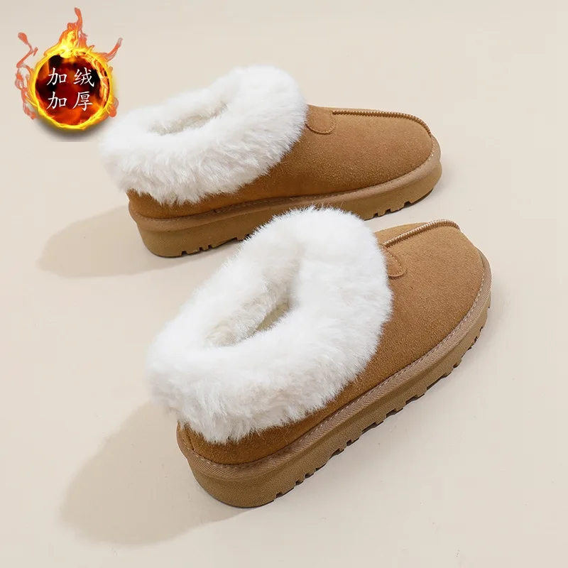 Snow Boots for Women 2024 Winter New Cashmere Warm Thick Soles Without Heel-covered Hair Half Slipper Cotton Shoes for Women