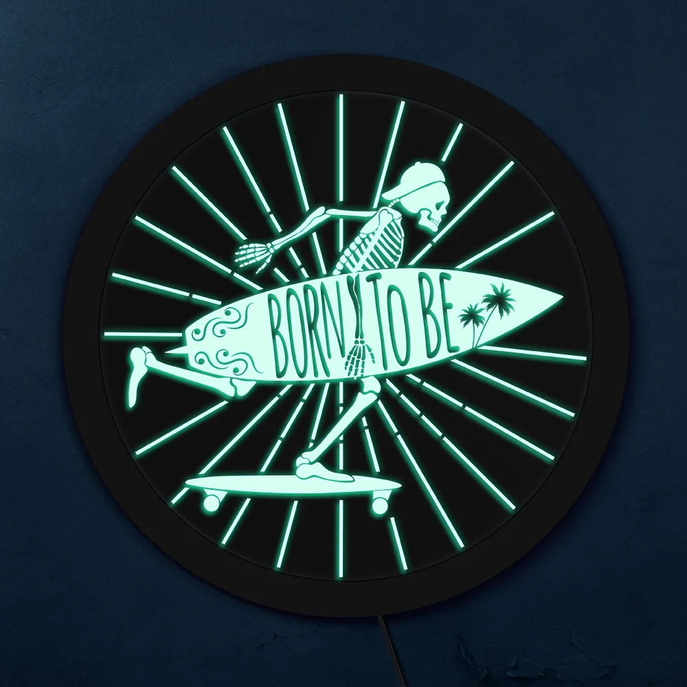 Born to Be Skeleton Surfer Personalized Custom LED Neon Sign Skull with Surfboard Lighted Display Sign Mancave Deocr Surfer Gift