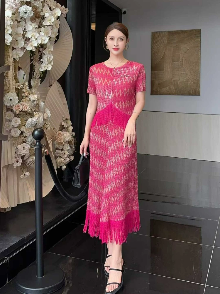 

Miyake 2025 Summer New Dresses Short-sleeved Fringed Temperament Fashionable Women's Solid Color Breathable Thin Dress