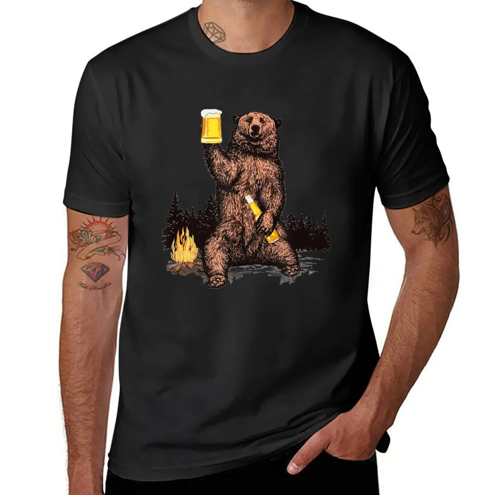 Bear Drinking Beer Camp Fire Woods Outdoor T-Shirt cute clothes for a boy mens white t shirts