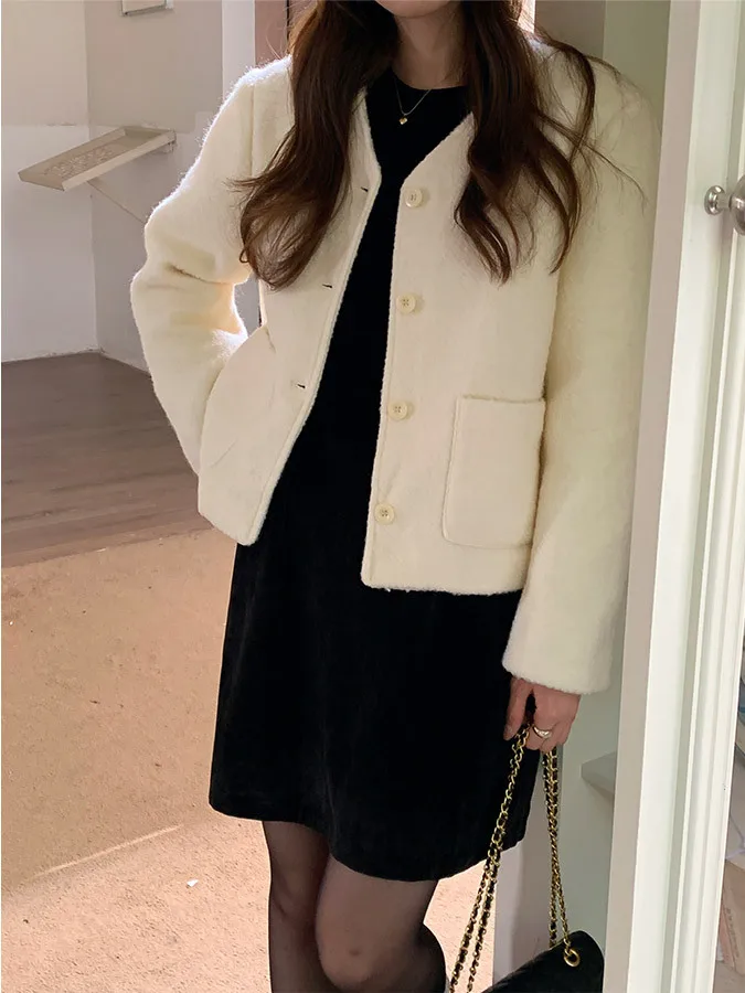 

White ort Woolen Jaet Women's Korean Sle Autumn Winter V-ne Cotton Insert Slimming Woolen Coat Commute Thi Long Sve