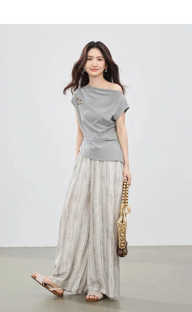 SENTUBILA 2026 Sommer-Damenanzug Zweiteiliges Hosen-Set Lässiges Baumwoll-T-Shirt Leinen-Hose mit Weitem Bein Damenbekleidung 162ZL6840 – Detail 8