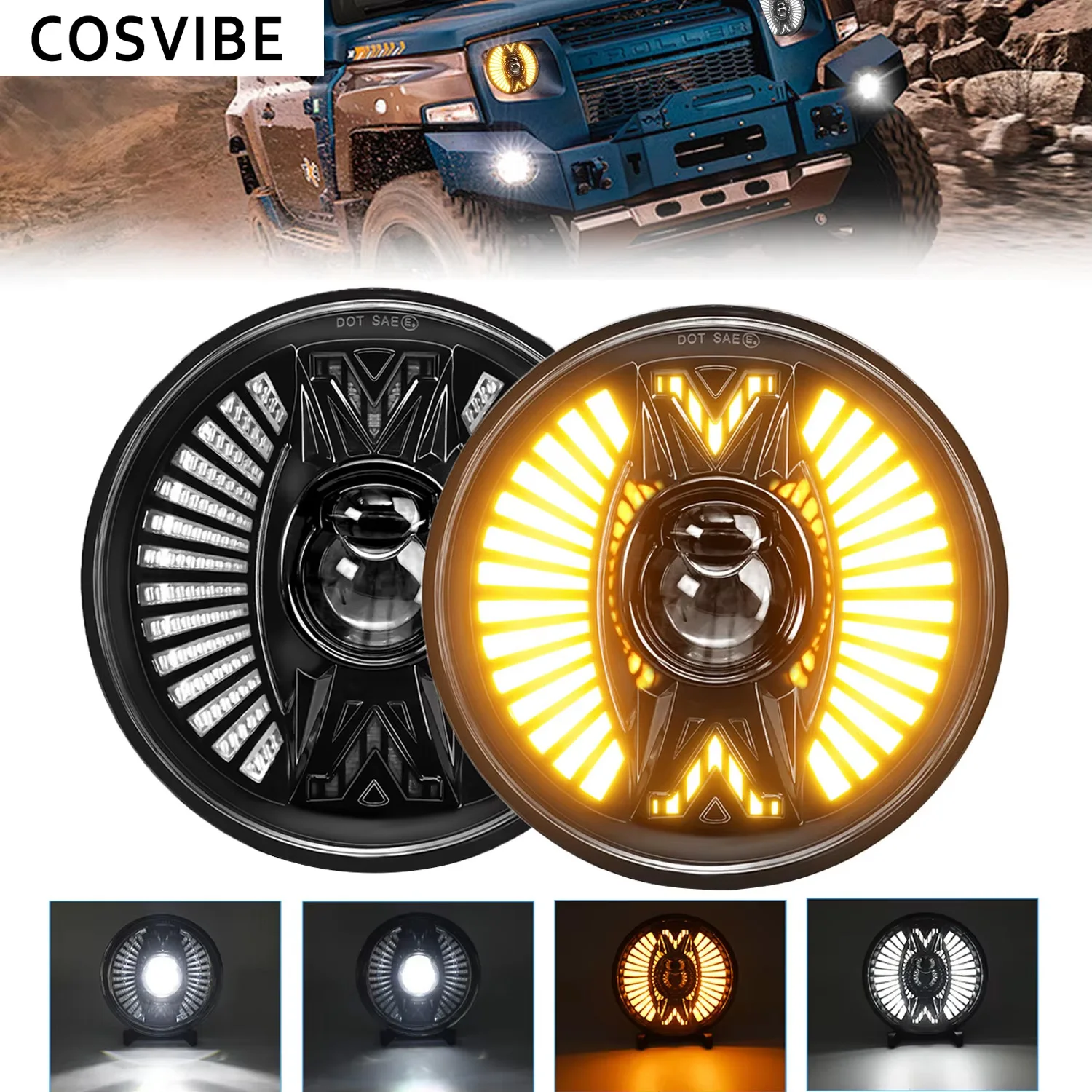 7 Inch LED Headlight Round Wrangler LED Pods Light Bar High/Low DRL H4 Work Light For Truck SUV ATV White+Amber Light
