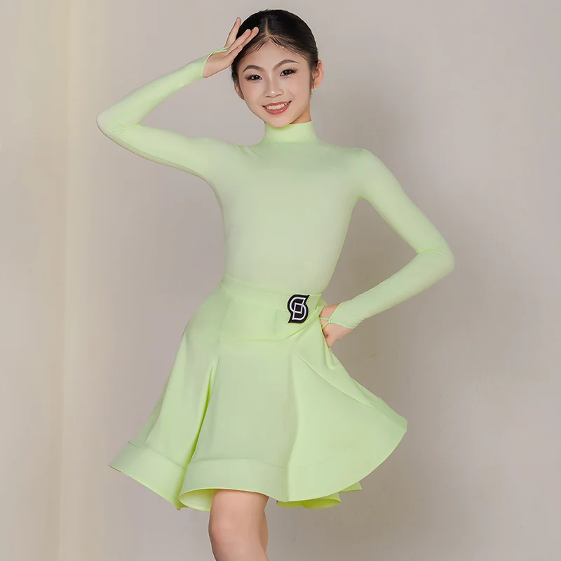 Children's Latin dance competition uniform, light green long-sleeved dress, girls' Cha Cha dance performance skirt