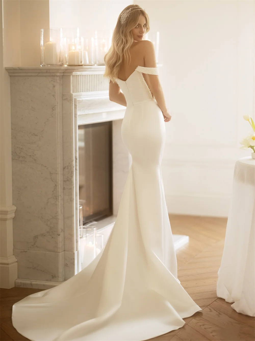 Suknia ślubna w stylu syreny, biała, bez rękawów, z odkrytymi ramionami, zapinana na zamek z tyłu, z trenem typu court, suknia wieczorowa, Kyoto Customized, 2026