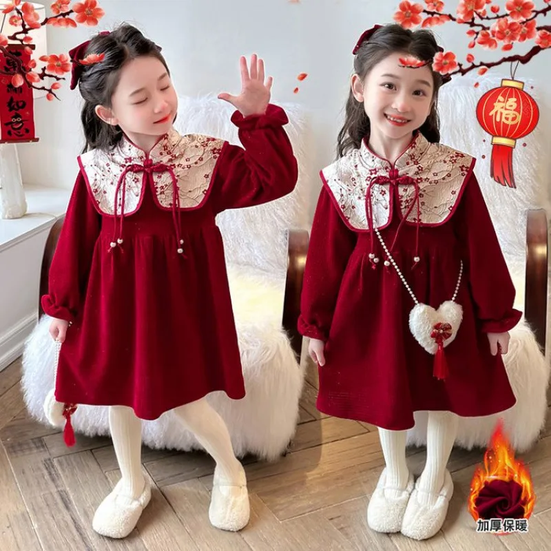 

Girls' Fleece-Lined New Year Dress Skirt2025Autumn and Winter New Thickened Children's Chinese Style Baby Dress for New Year