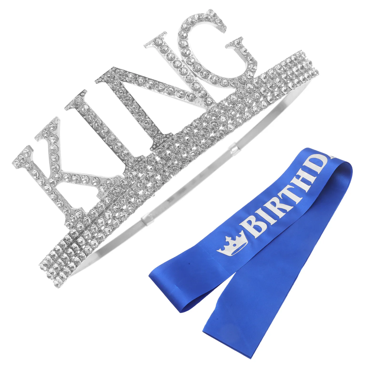 1Set Glitter Birthday Crown and Sash Set Rhinestone King Headdress Prom Accessories Costume Party Decor Luxury Stable Elegant