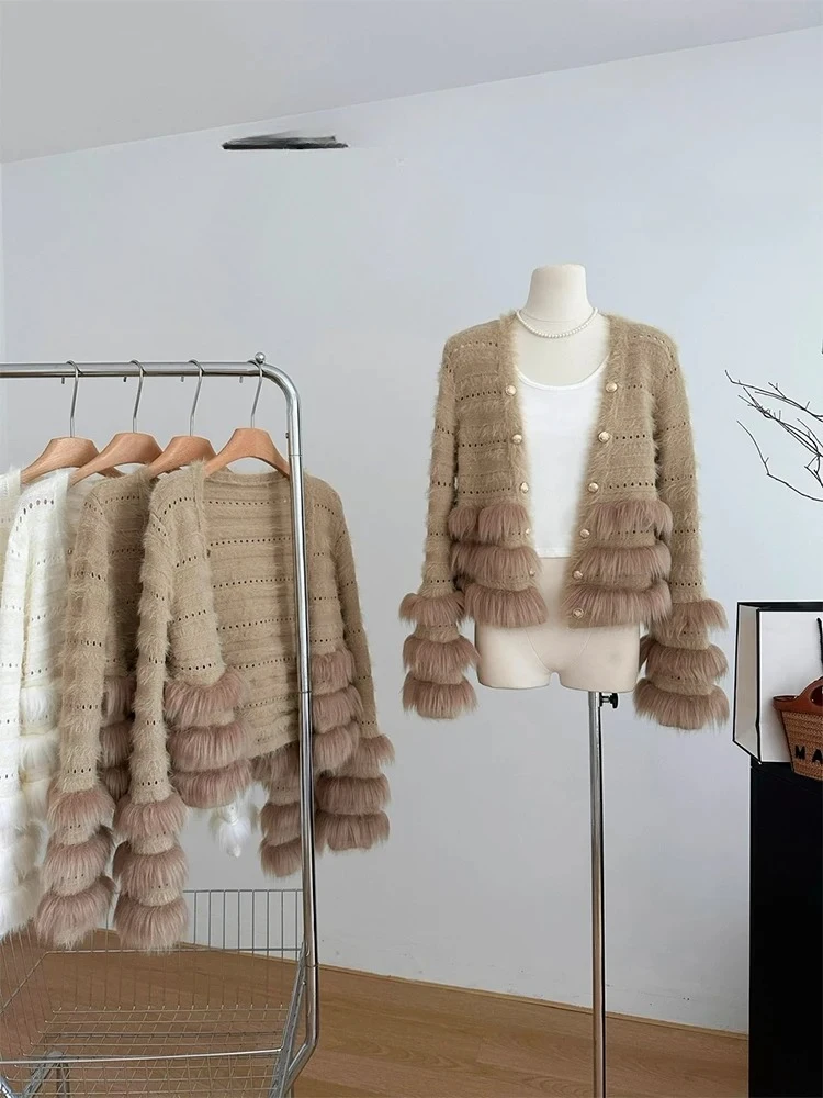 

Women Khaki Cardigan Cashmere Sweater Harajuku Korean Y2k Long Sleeves Luxury Mohair Sweaters Vintage 2000s Clothes Autumn 2025