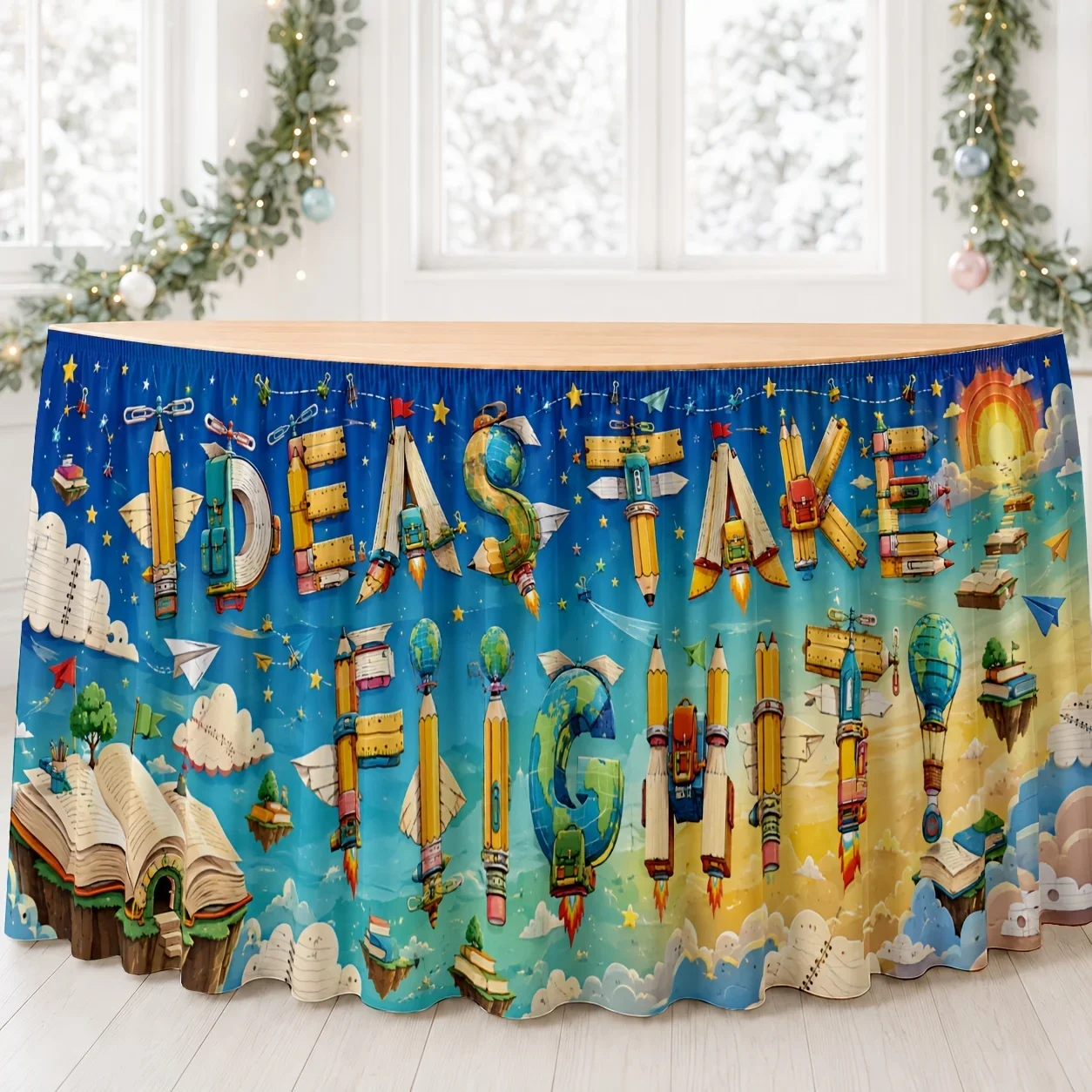 2D FLAT1pc table skirt with printed pattern of polyester in creative hand-drawn style, symbolizing the beginning of dreams.