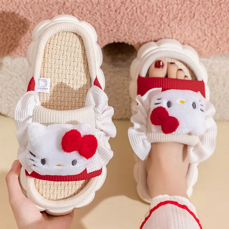 

TAKARA TOMY Kitty Cat Linen Slippers for Women Wearing Breathable and Non Slip Thick Sole Indoor Home Slippers