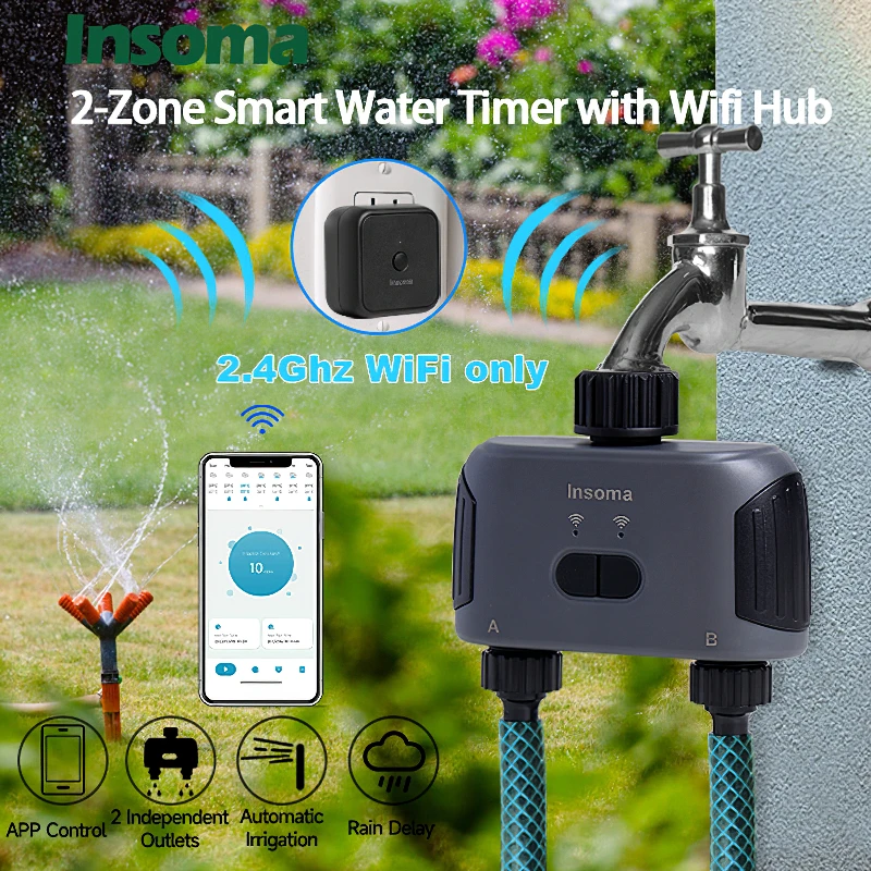 Insoma Automatic Water Timer with Wifi Hube 2-Outlet Garden Irrigation Watering System Sprinkler Programmer Tools support Alexa