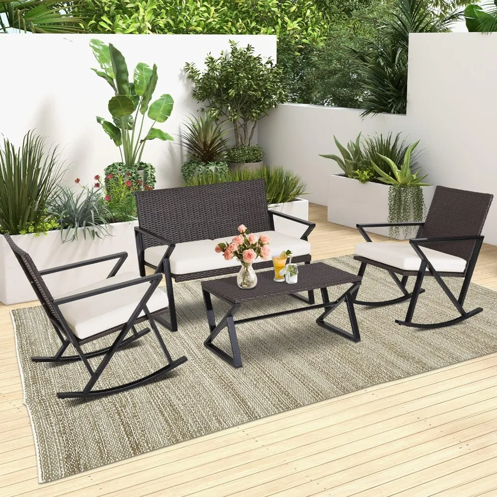 4 Piece Patio Rattan Swing Furniture Set, Heavy Duty PE Wicker Two-Seat Sofa with 2 Rocking Chairs, 1 Coffee Table, for Porch