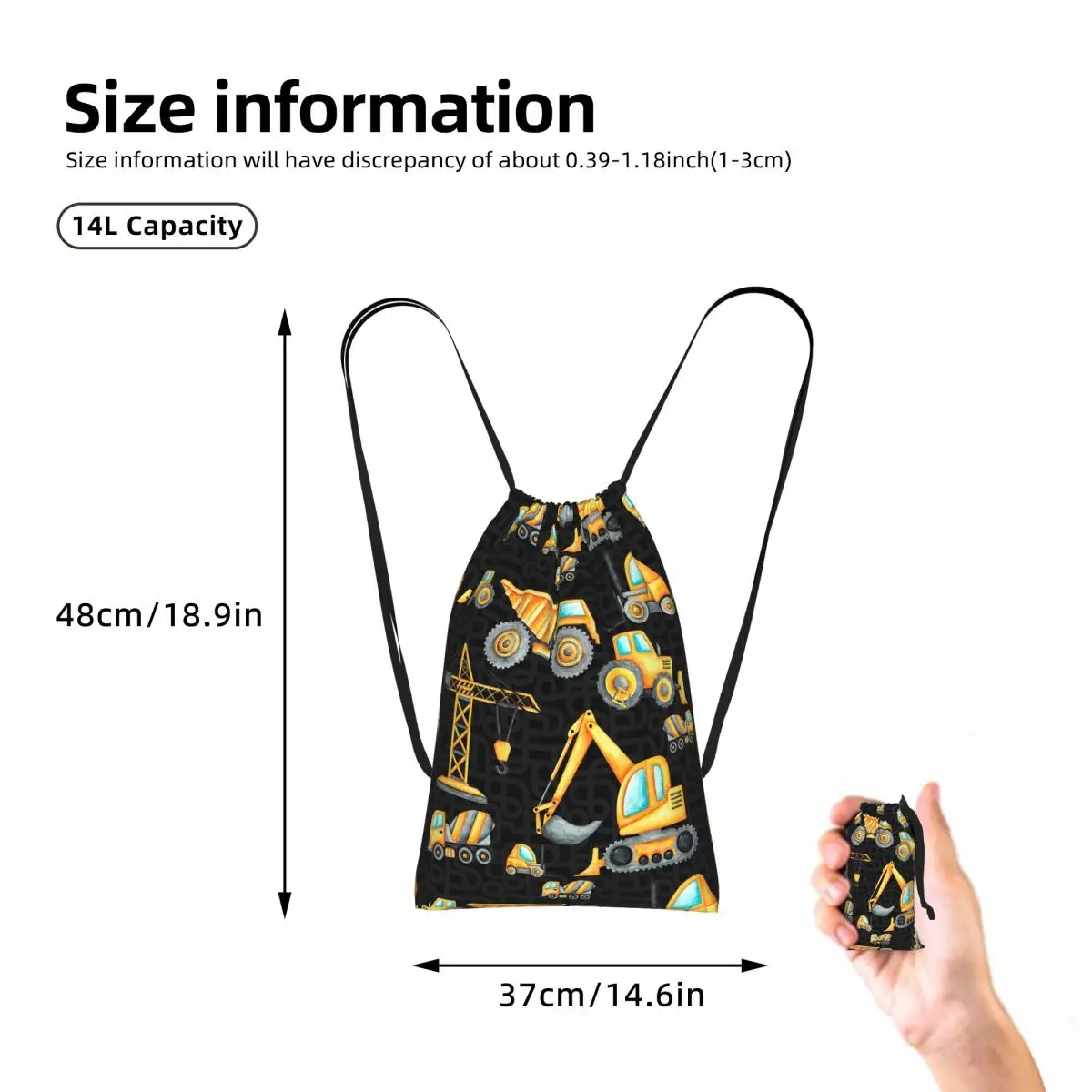 Yellow Construction Trucks Pattern Drawstring Backpack hiking cycling Bag Lightweight Storage Drawstring Bag for Men Women