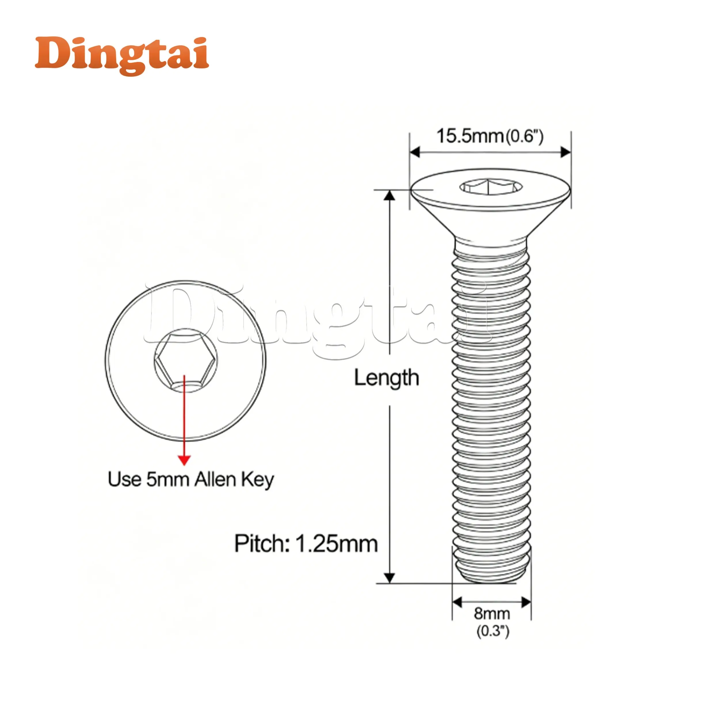 Dingtai Titanium Bolt  Ti M8x15 20 25 30 35 40 45 50 60 65mm Head Bolt Screw for Bicycle Motorcycle