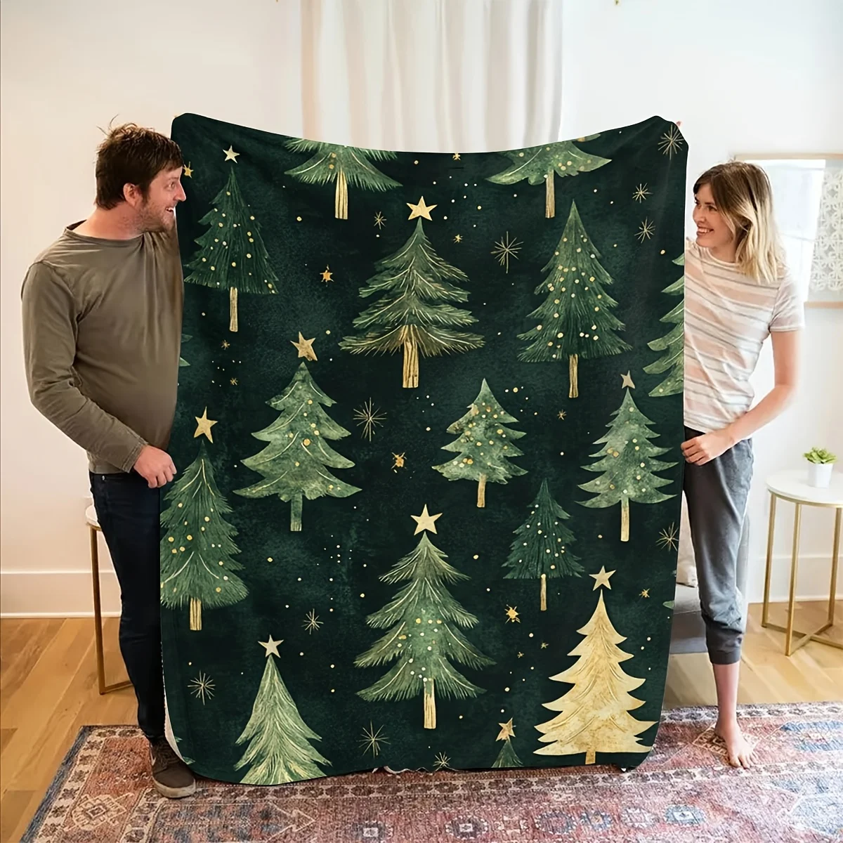 Dark Green Base with Golden Foil Christmas Trees and Stars, Fully Festive. Soft Material, Suitable for Sofas, Offices, and Other