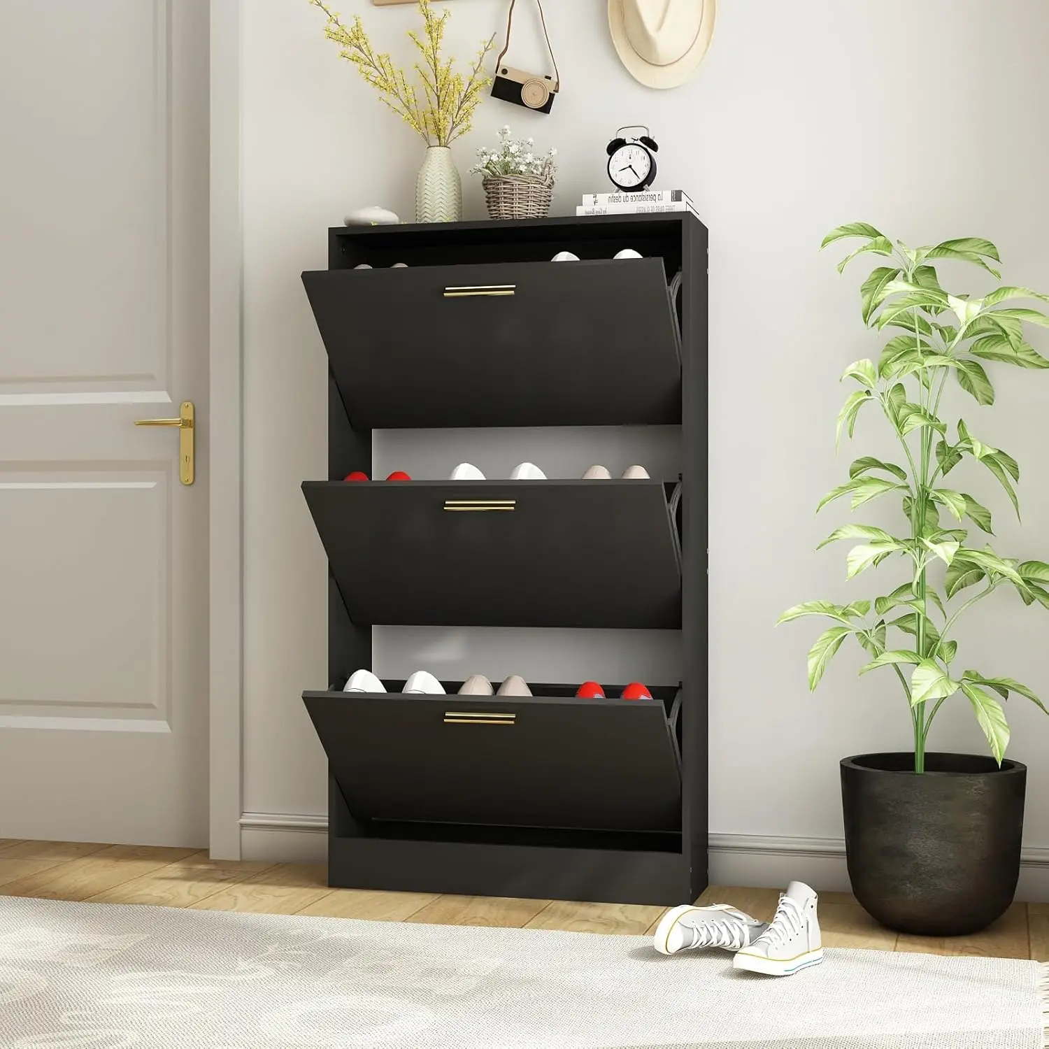 Shoe Cabinet for Entryway Slim, Narrow Shoe Storage Cabinet with 3 Flip Drawers, Wood Hidden Shoe Storage,