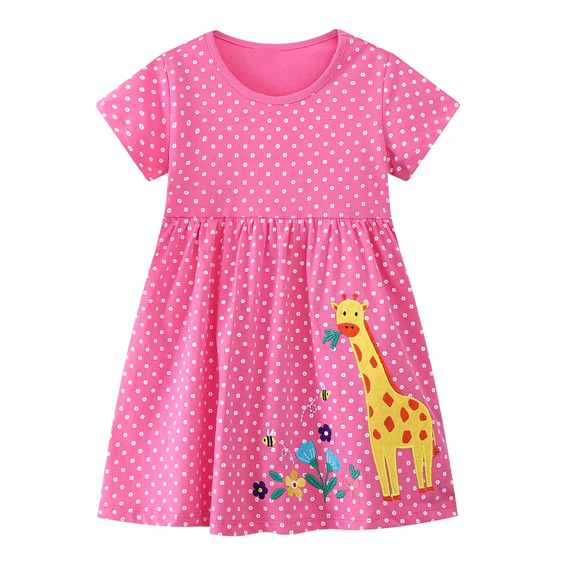 Little maven 2026 Summer New Girls Dresses Embroidered Cartoon Giraffe Dresses Cotton Kids Clothes for Baby Girls Casual