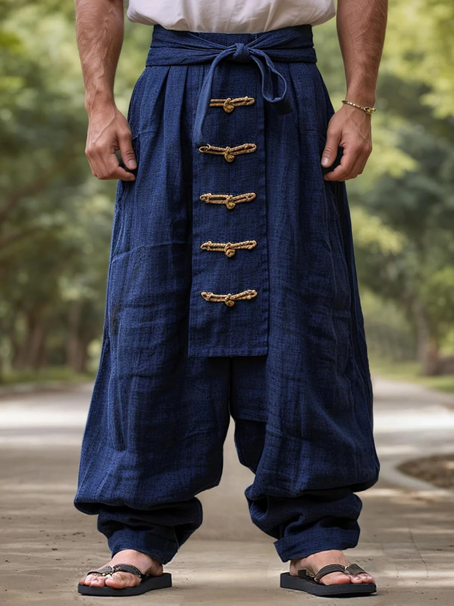 

Men s Stylish Loose Fit Harem Trousers with Unique Knot Button Detail and Comfortable Elastic Waistband