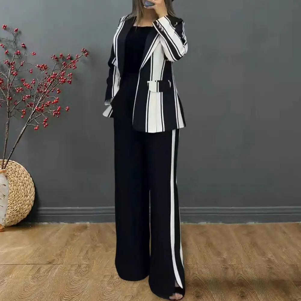 Single Button Coat Elegant Colorblock Striped Coat Pants Set for Women Stylish Business Commuting Outfit with Flared Leg