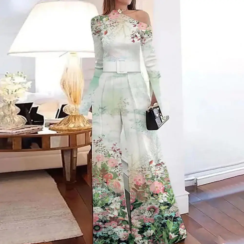 

Banquet Romper Tight Waist Full Length Formal Elegant Long Sleeves Oblique Neck Flower Print High Waist Prom Party Jumpsuit