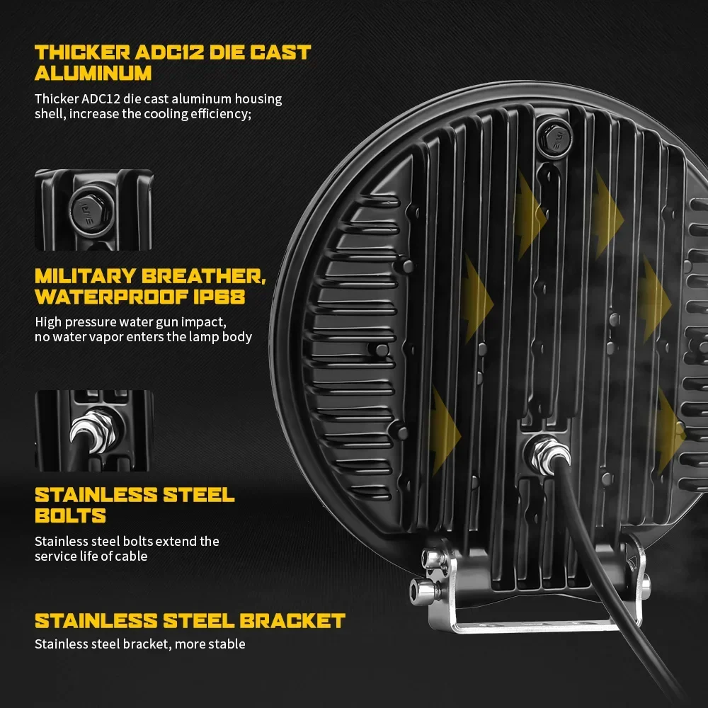 HAOLIDE 9インチ トラック用スポットライト 6000k ホワイト フルLED アンバーフォグライト ストロボライト トラック用ドライビングライト 12V 24V オフロード車用 IP68