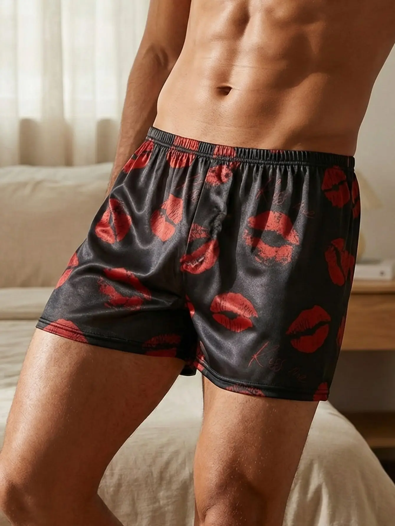 1 Pc Men's Lip Print Satin Sleep Shorts - Lightweight Breathable Casual Home Loungewear Skin Friendly Comfortable Men's Shorts