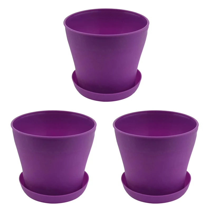 

3X Plastic Plant Flower Pot Planter With Saucer Tray Round Gloss Home Garden Decor, Purple Upper Caliber,14Cm/5.51 Inch