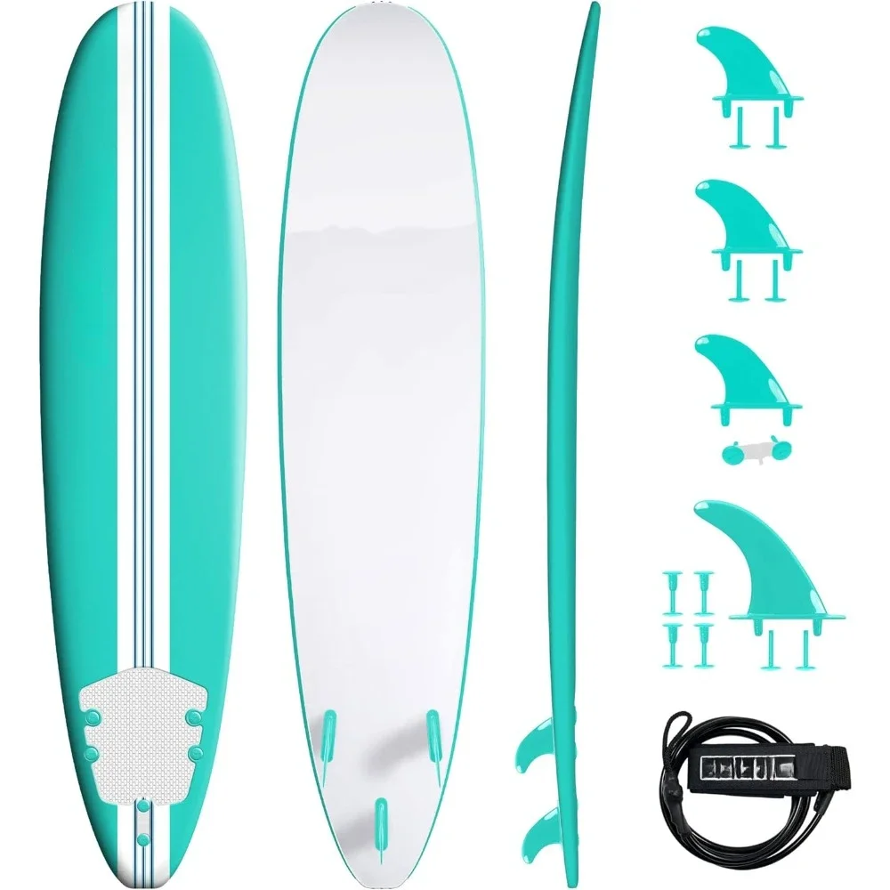 Soft Top Foam 8ft Surfboard，for Beginners and All Levels，Includes Accessories，Leash, Turquoise pinline