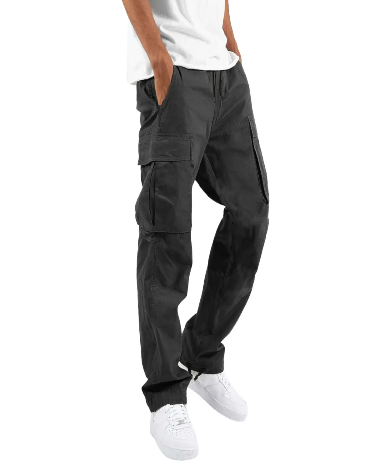 Summer new men's overalls, 2025 solid color loose texture comfortable casual sports street dance pants draw rope multi-pocket