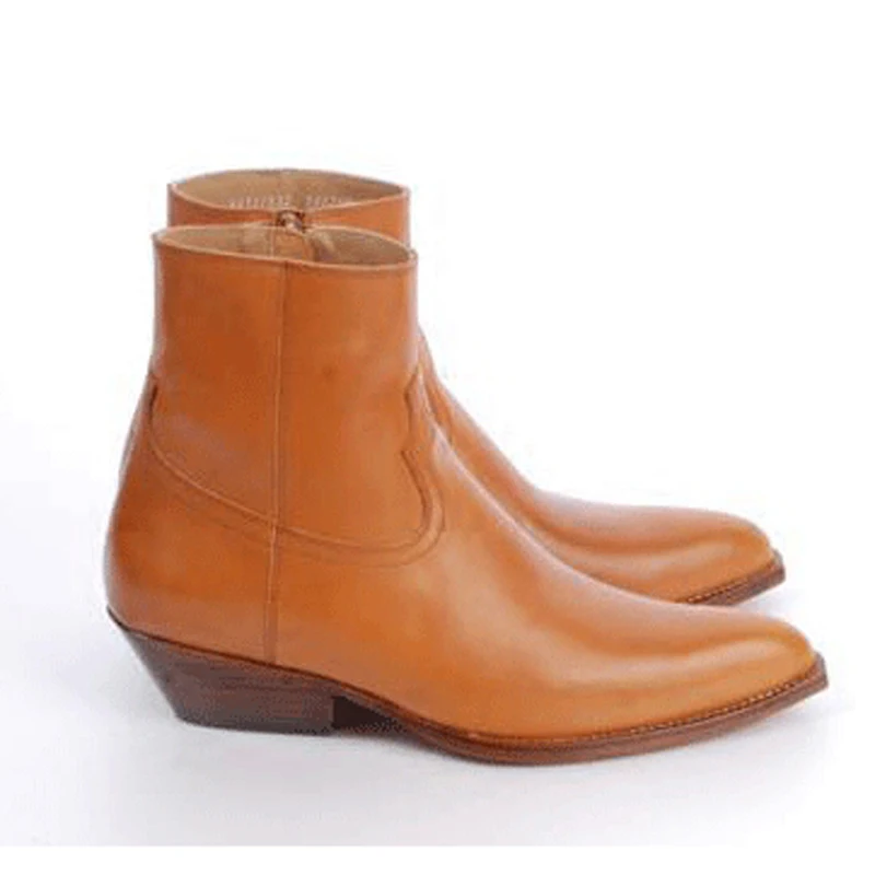 British Camel Cow Leather Man Chelsea Boots Pointed Toe Zipper Side Wood Square Heel Real Suede Ankle Boots Zapatos Hombres