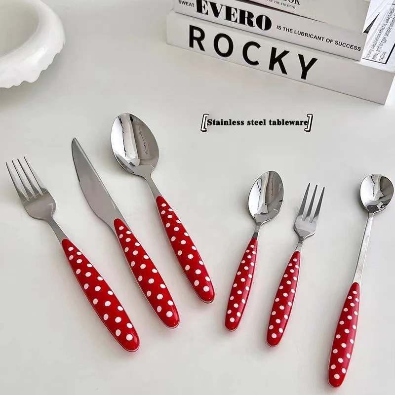 Mushrooms 9527  Korean Girl Red Polka Dot Spoon Stainless Steel French Retro Home Dessert Western Spoon Coffee Spoon