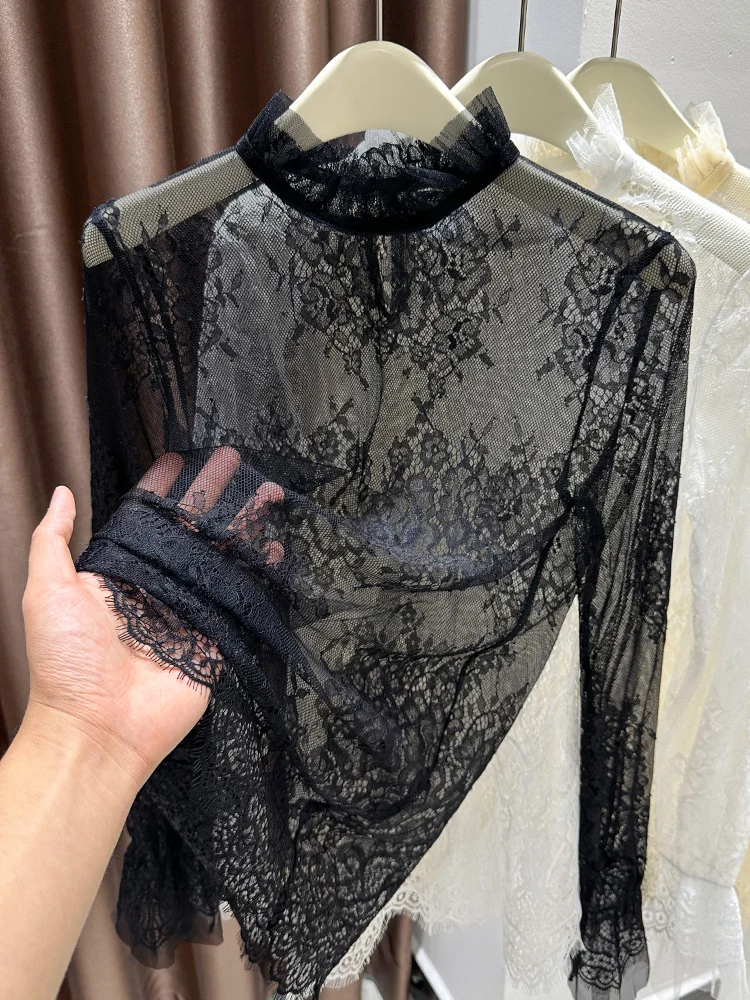 

Bla Lace Base irt Women's Spring Autumn Winter f High Collar Sve Thin Film Perspective Transparent Me Top Inner Wear