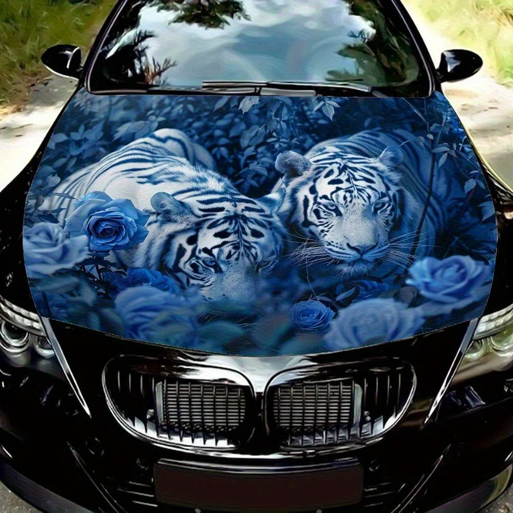 

Two White Tigers&Blue Roses Car Hood Wrap - PVC Vinyl Sticker, Auto Graphic Bonnet Decal, Stylish Truck Accessory, Vehicle Decor