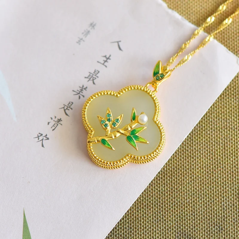Vintage Natural Hetian Four-Leaf Clover Pendant Enamel Color Pure Silver Chinese Style Accessories Jade Penda