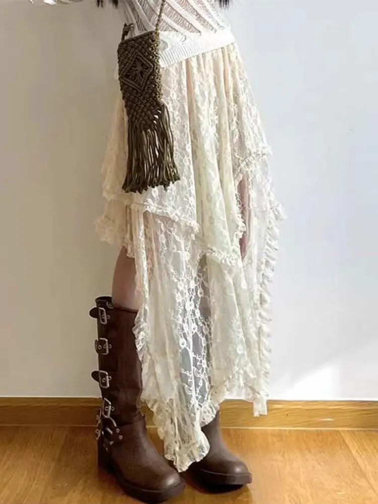 2026 new gentle forest style lace skirt with irregular design sense