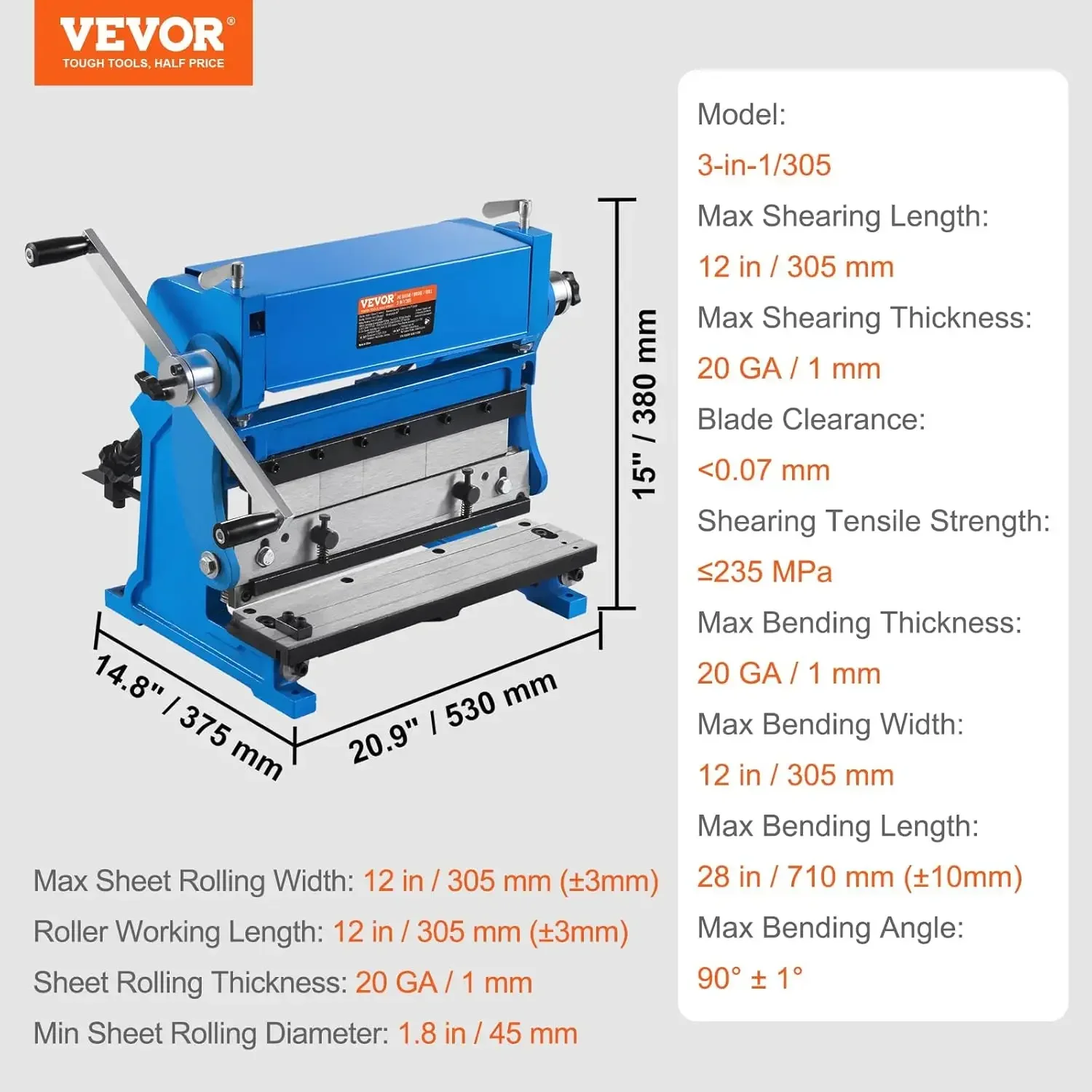 Sheet Metal Brake, 3-In-1 Combination Shear Brake Roll Machine, 20-Gauge Capacity Shear Press Brake with 90° Max Bending Angle